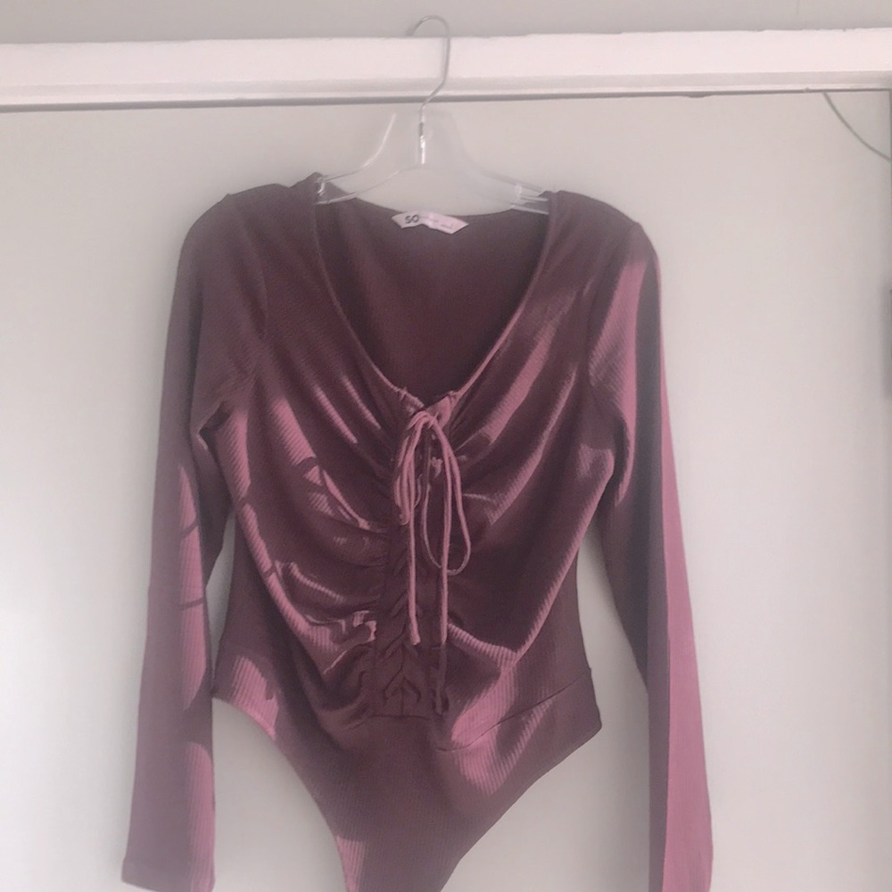 Ruched V-Neck Long Sleeve Bodysuit - Rose Mauve
